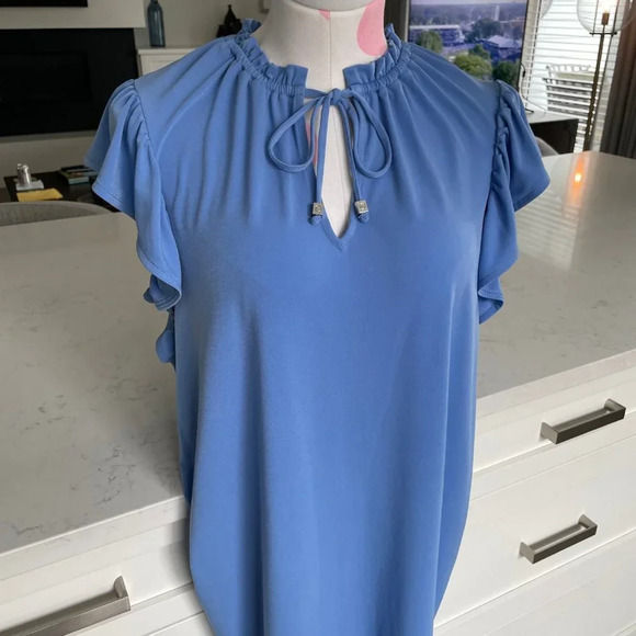 Michael Kors Sweet Flounce Sleeve w Gathered Neckline Dress Blue Sz M NWOT - Picture 2 of 12